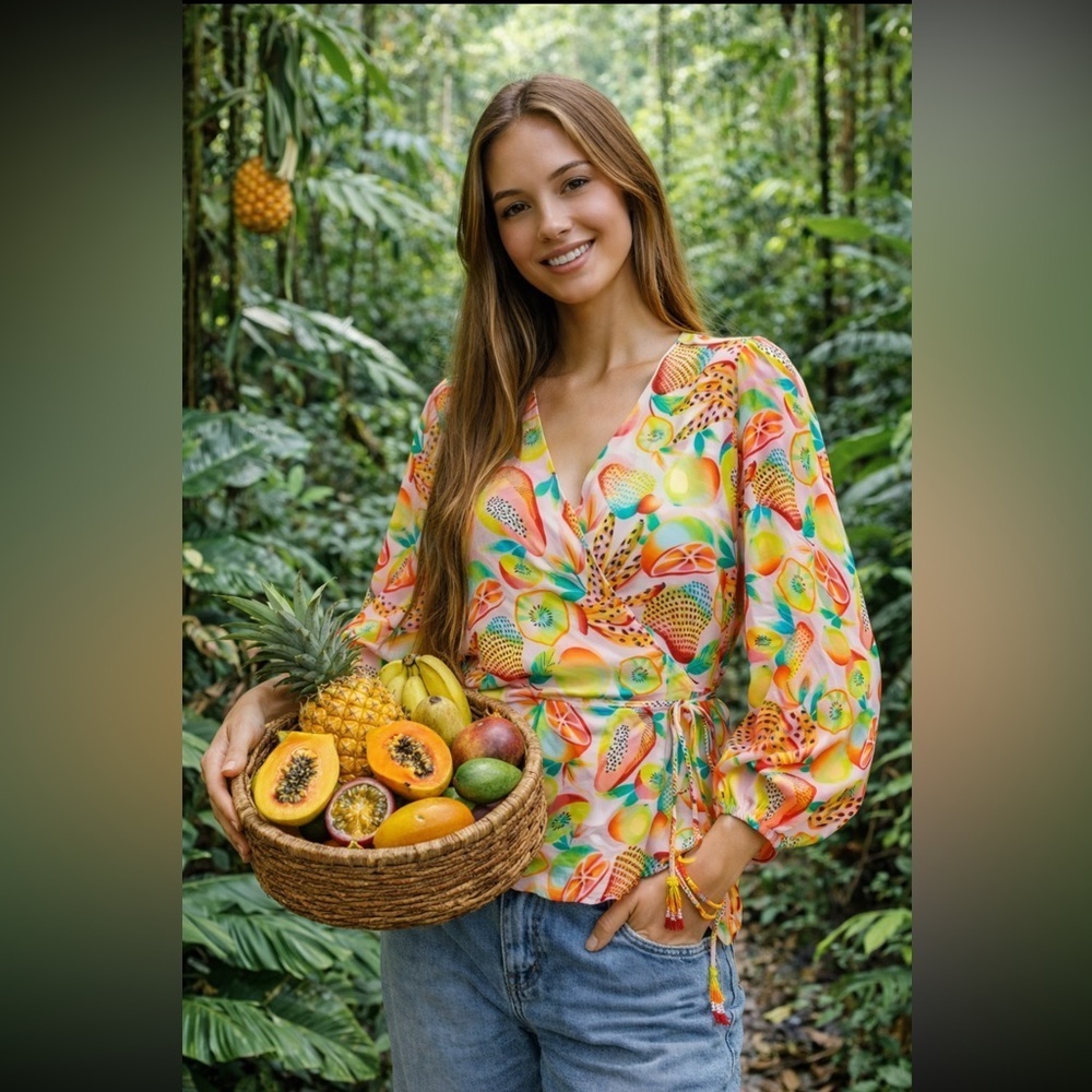 🍎 RARE🍎 Anthropologie NWT Farm Rio Rainforest Tropical Fruits Wrap Blouse Size S